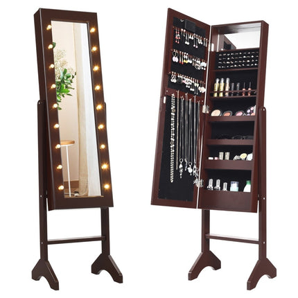 18 LED jewelry cabinet with full-length mirror & makeup mirror tilt-adjustable brown