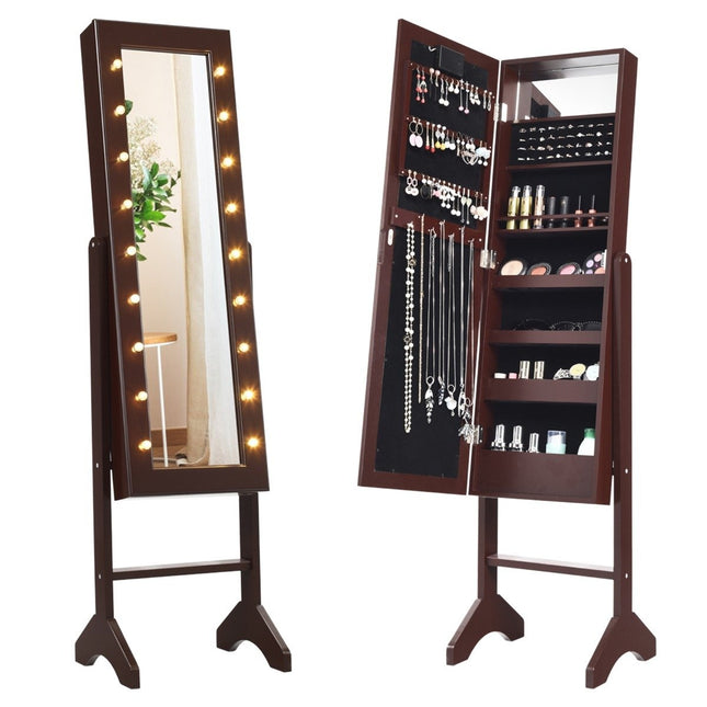 18 LED jewelry cabinet with full-length mirror & makeup mirror tilt-adjustable brown