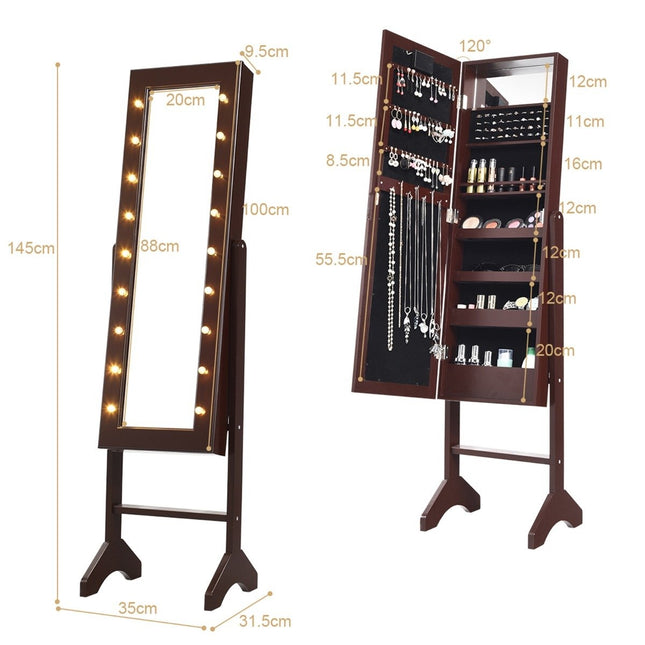 18 LED jewelry cabinet with full-length mirror & makeup mirror tilt-adjustable brown