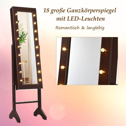 18 LED jewelry cabinet with full-length mirror & makeup mirror tilt-adjustable brown