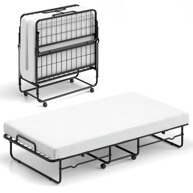 190 x 90 cm folding bed with mattress and lockable wheels. Portable guest bed