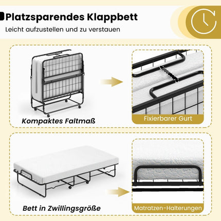 190 x 90 cm folding bed with mattress and lockable wheels. Portable guest bed