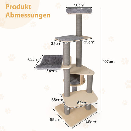 197 cm Multi-Level Cat Tower with Hammock, Gray
