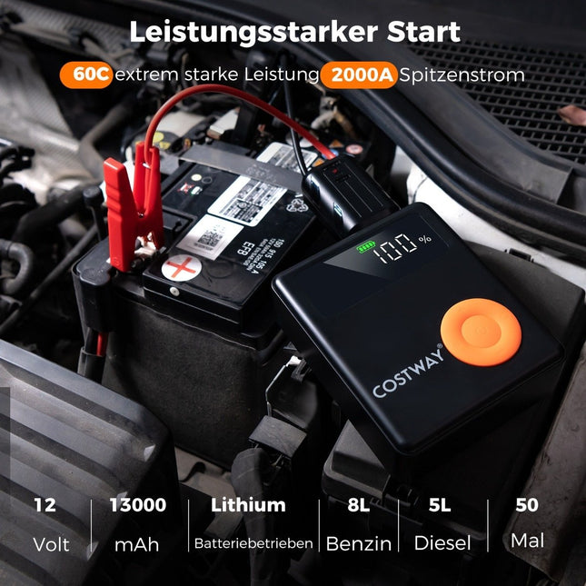 2000A 12V Car Battery Jump Starter with 150PSI Digital Tire Inflator & Air Compressor & LED Screen 13000mAh Power Bank