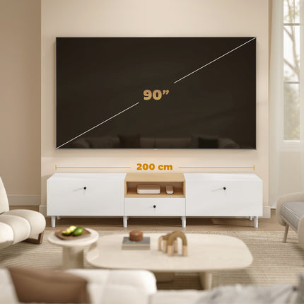 200 cm TV Stand for 90-Inch TVs, 2 Doors, Drawer, White