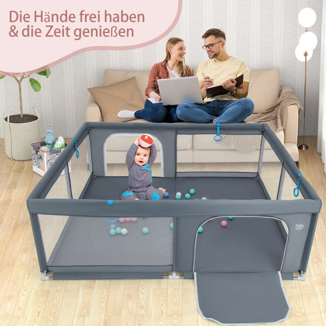 200 x 180 cm Baby Playpen with 50 Ocean Balls & 4 Handles & Door Playpen Crawling Gate Grey