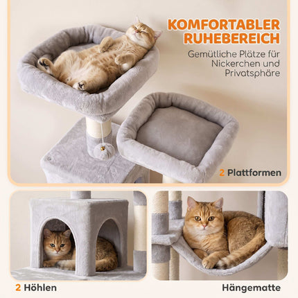 204 cm Multi-Level Cat Tree with Hammock & Caves, Light Grey