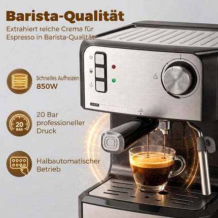 20-Bar Espresso Machine with Milk Frother, 1.6L Tank, Black
