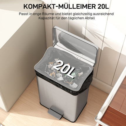 20L Pedal Bin with Soft-Close Lid, Removable Inner Bucket