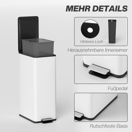 20L Trash Can, Soft-Close Lid, Stainless Steel, White