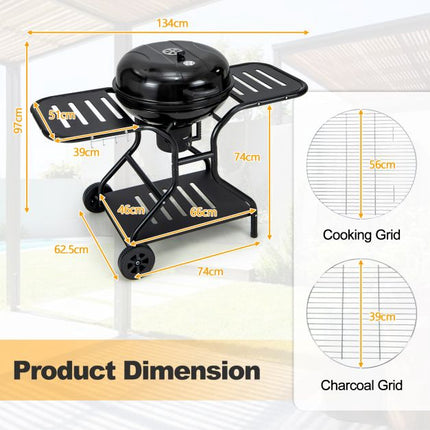 22-Inch Charcoal Grill with Wheels, 2-Tier Racks