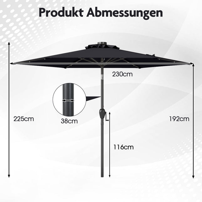 230 cm Black Patio Umbrella with LED Solar Lights
