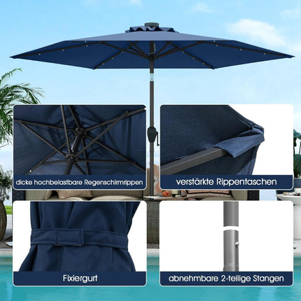 230 cm Patio Umbrella with LED Solar Lights, Navy Blue