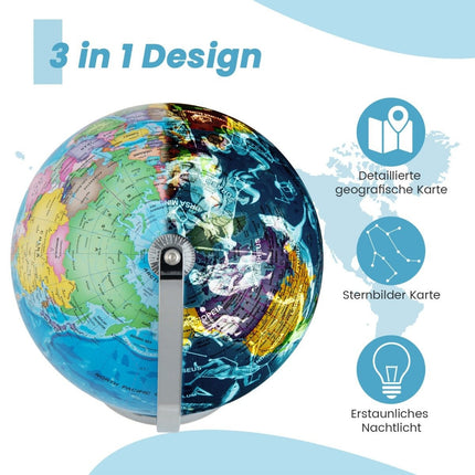 Ø 23 cm illuminated globe with metal base & light & English geographical map & constellation map