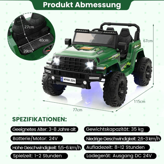 24V 2 Seater Children's Electric Car with Remote Control & Music & Horn & LED Lights Children's Car Green