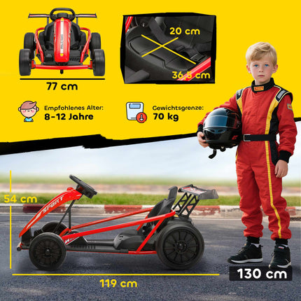 24V Electric Go-Kart for Drifting, Ages 8-12, Red