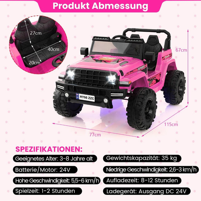 24V Kids Electric Ride-On Car, 2-Seater, Pink, USB & Music