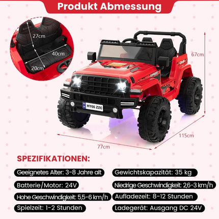 24V Kids Electric Ride-On Car, 2-Seater, Red, USB & Music