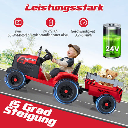24V Kids Electric Tractor with Detachable Trailer, Red