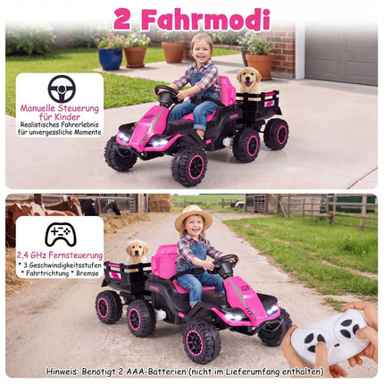 24V Pink Kids' Electric Tractor with Remote & Trailer