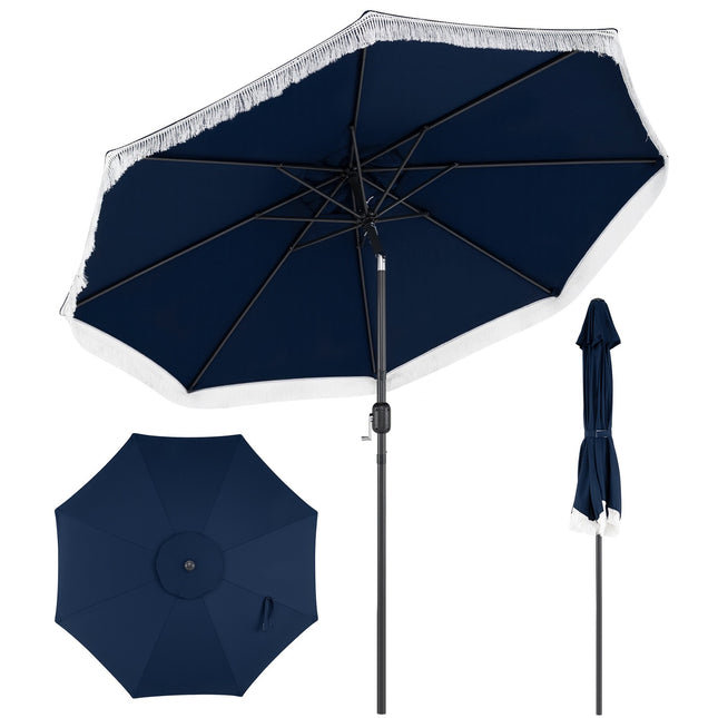 270cm Patio Parasol, Crank Tilt, 8-Rib Fringe, Navy