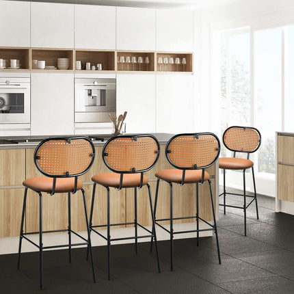 29.5-Inch Faux Leather Bar Stool, Rattan Back, Brown