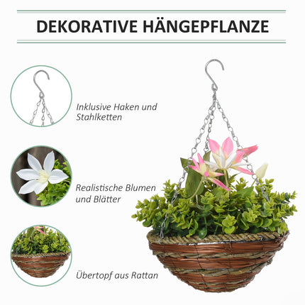 Artificial hanging clematis plants, pink and green, 30 cm, set of 2