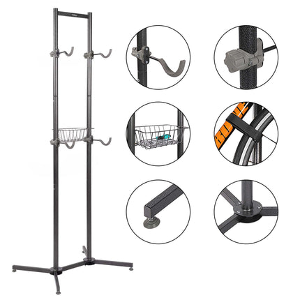 2-Bike Stand with Basket, Adjustable Arms, Black/Grey