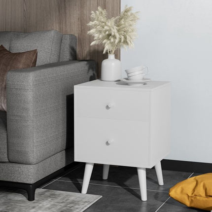 2-Drawer Nightstand, Solid Rubberwood Legs, White