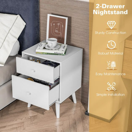 2-Drawer Nightstand, Solid Rubberwood Legs, White