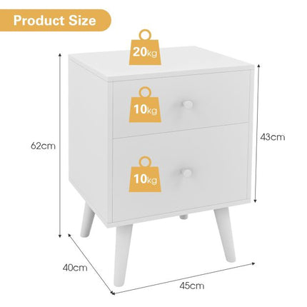 2-Drawer Nightstand, Solid Rubberwood Legs, White