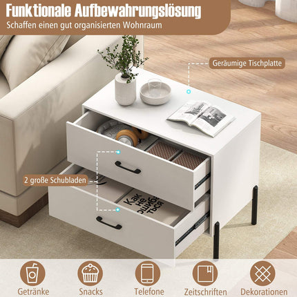 2-Drawer Wood Nightstand with Metal Legs, White