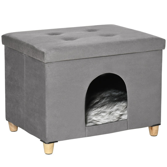 2-in-1 Cat Cave Footstool with cushion, wooden legs, gray