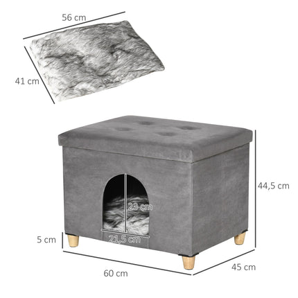 2-in-1 Cat Cave Footstool with cushion, wooden legs, gray
