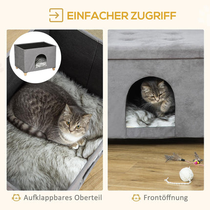 2-in-1 Cat Cave Footstool with cushion, wooden legs, gray