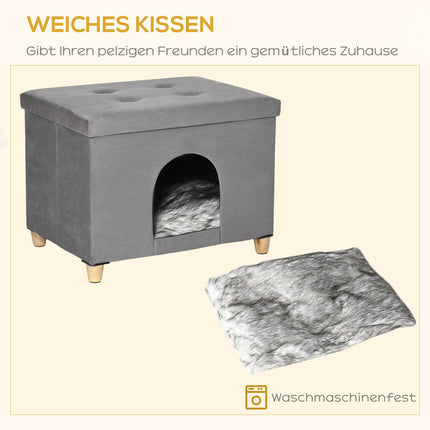 2-in-1 Cat Cave Footstool with cushion, wooden legs, gray