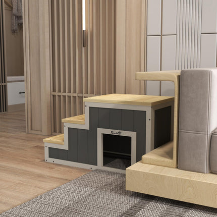 Wooden 3-step pet ramp with cave, supports up to 30 kg