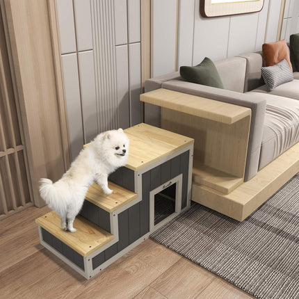 Wooden 3-step pet ramp with cave, supports up to 30 kg
