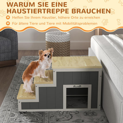 Wooden 3-step pet ramp with cave, supports up to 30 kg
