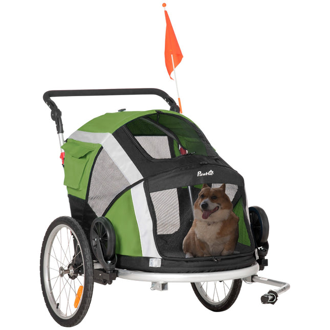 2-in-1 collapsible pet bike trailer & dog carrier, green/silver