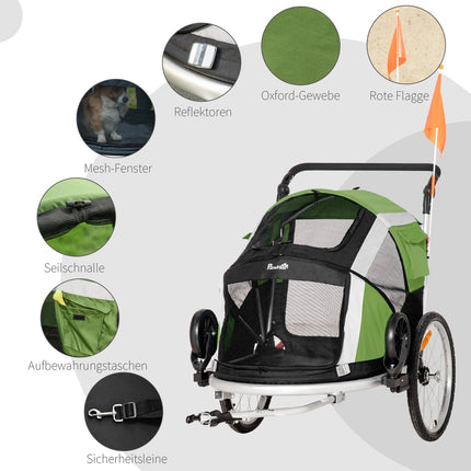 2-in-1 collapsible pet bike trailer & dog carrier, green/silver
