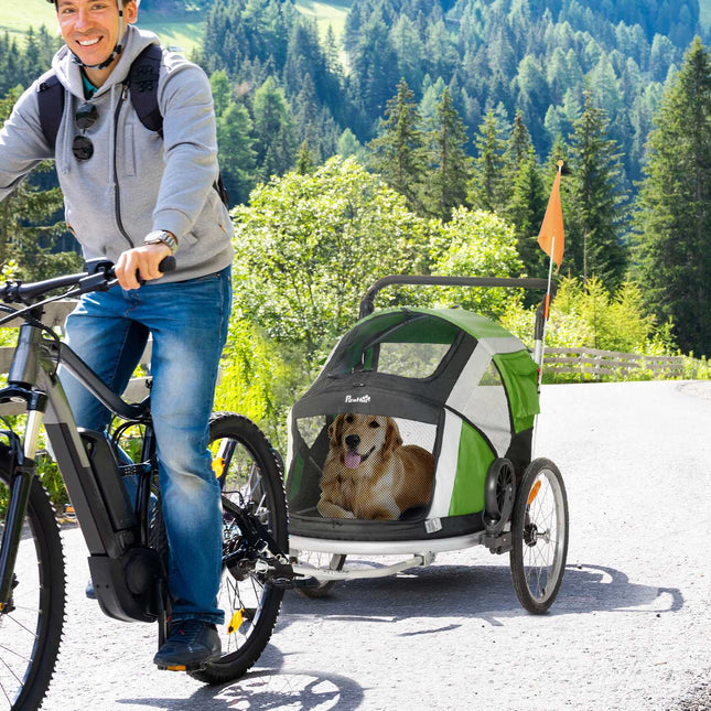 2-in-1 collapsible pet bike trailer & dog carrier, green/silver