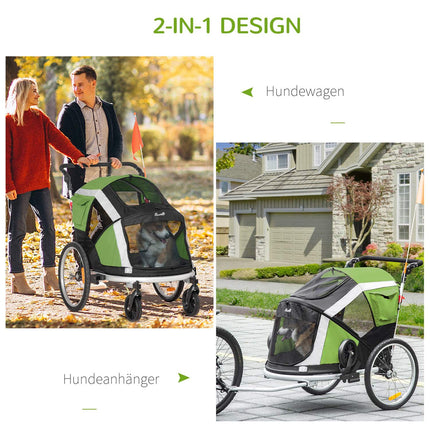 2-in-1 collapsible pet bike trailer & dog carrier, green/silver
