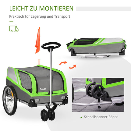 Dog bike trailer & carrier for pets, green/grey, metal frame
