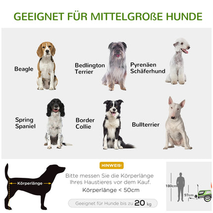 Dog bike trailer & carrier for pets, green/grey, metal frame