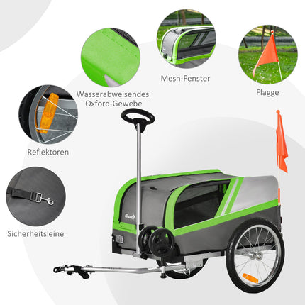 Dog bike trailer & carrier for pets, green/grey, metal frame