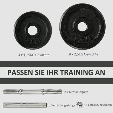 Adjustable 30 kg dumbbell set with 12 weight plates