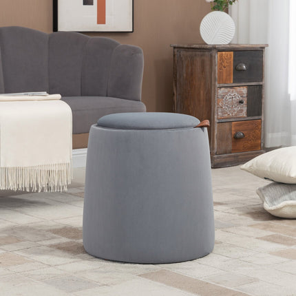 Round ottoman stool in velvet look with storage, gray