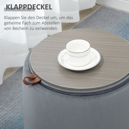 Round ottoman stool in velvet look with storage, gray