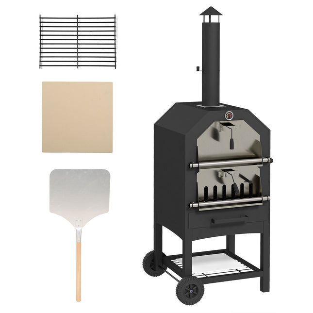 Outdoor 2-in-1 pizza oven & grill with stone and wheels